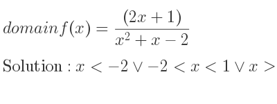 The domain of f(x)=((2x+1))/(x^2+x-2) is x<-2\lor-2<x<1\lor x>1